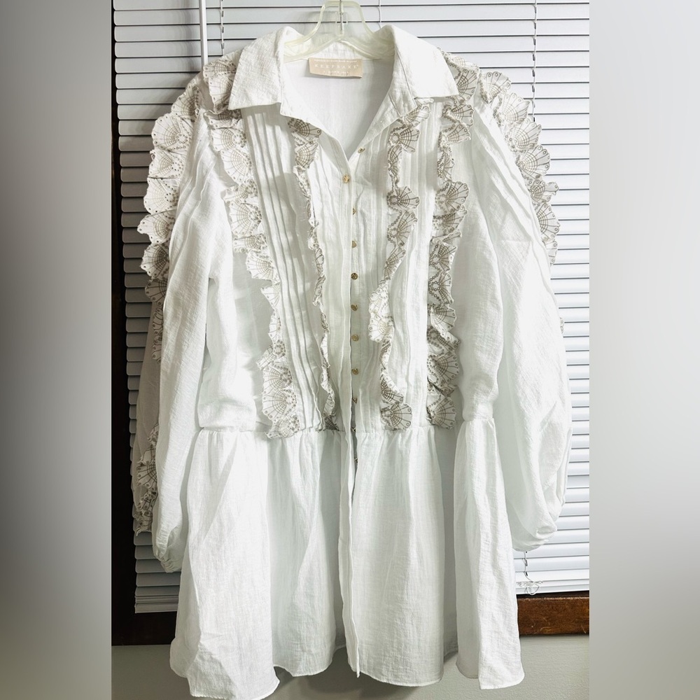 Keepsake the Label White Lace Ruffles Long Puff Sleeves Mini Dress US L-8/UK 12 - Picture 2 of 9